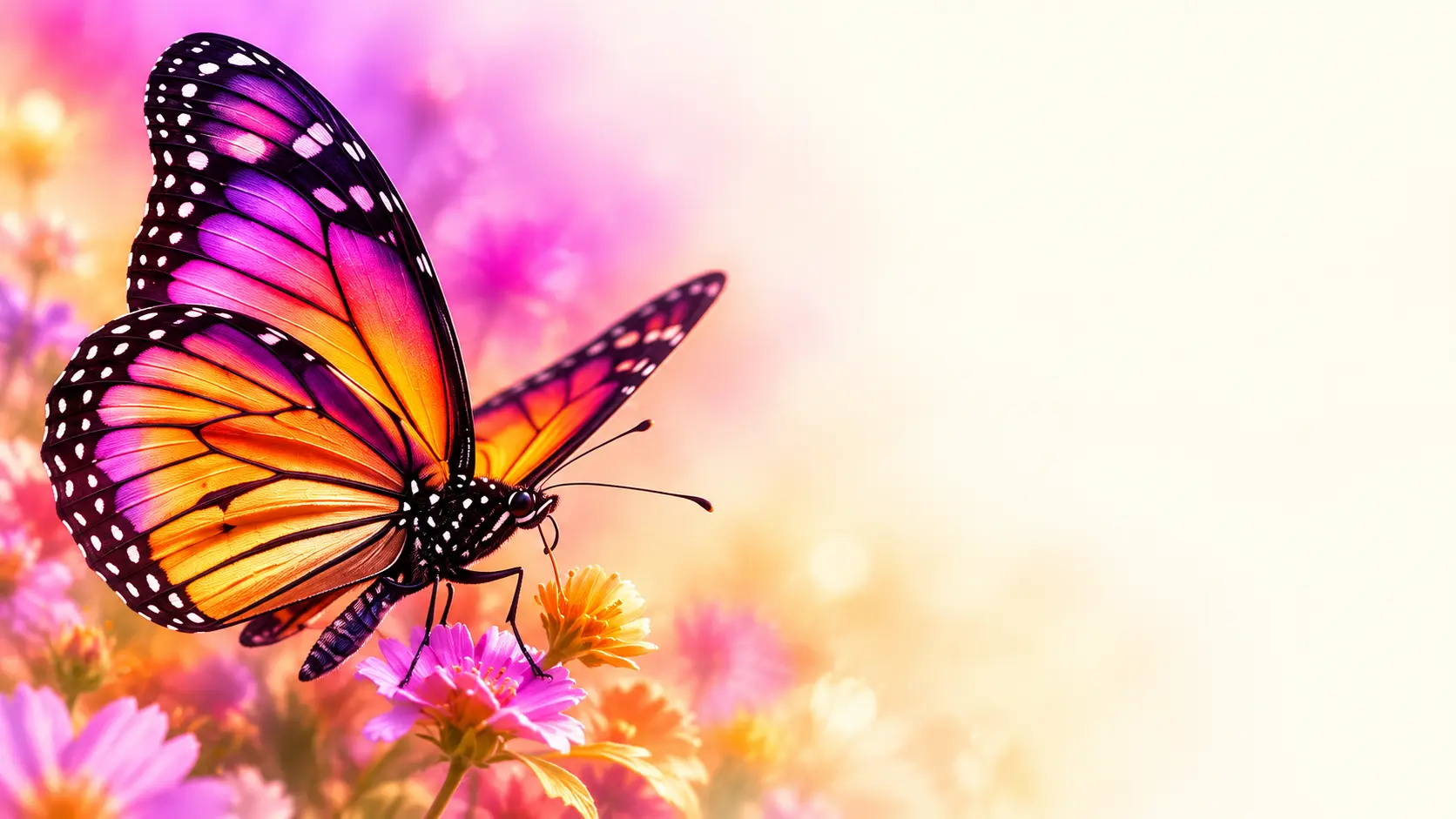 Pink, purple and orange butterfly mascot